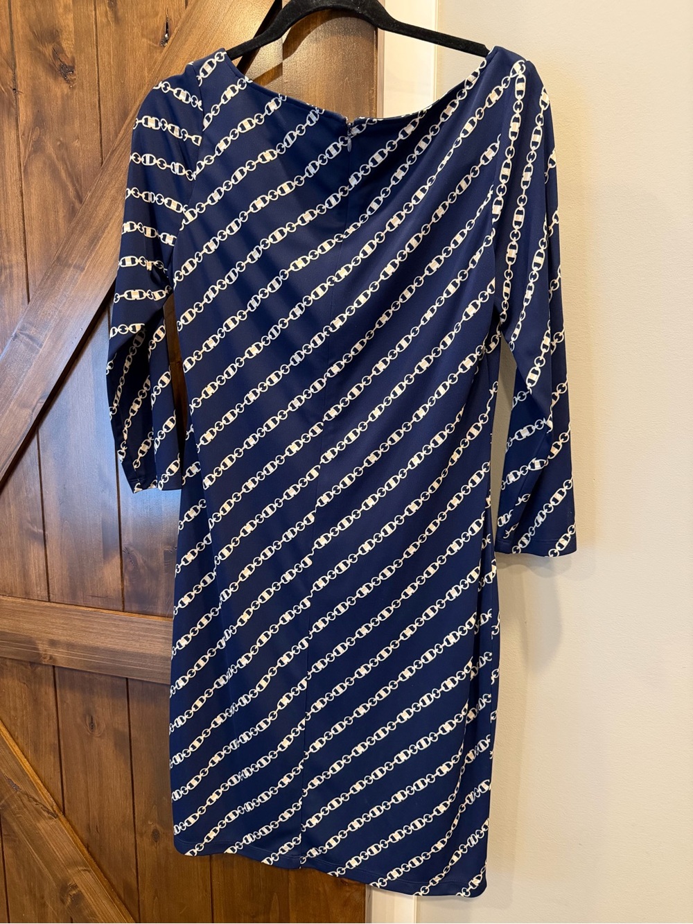 Ralph Lauren Navy and White Chain-Print Long Sleeve Dress